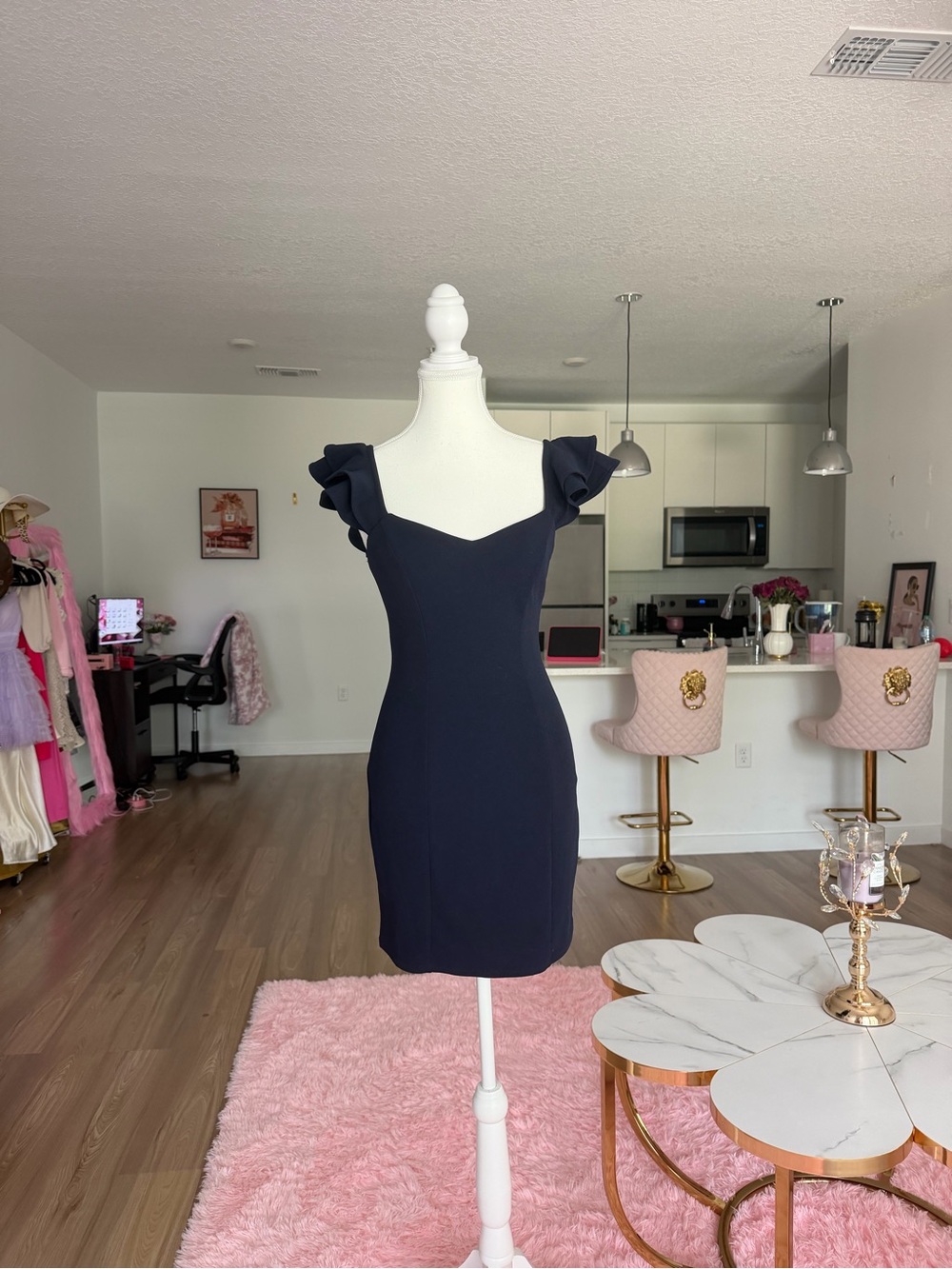 Barbiecore Women’s Navy Ruffle Sleeve Bodycon Dress with back detail - Picture 11 of 12